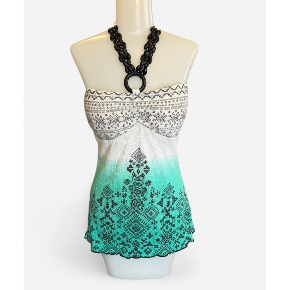 Almost Famous Halter Top Y2K Teal White Ombre Beaded Boho Tribal Print Medium